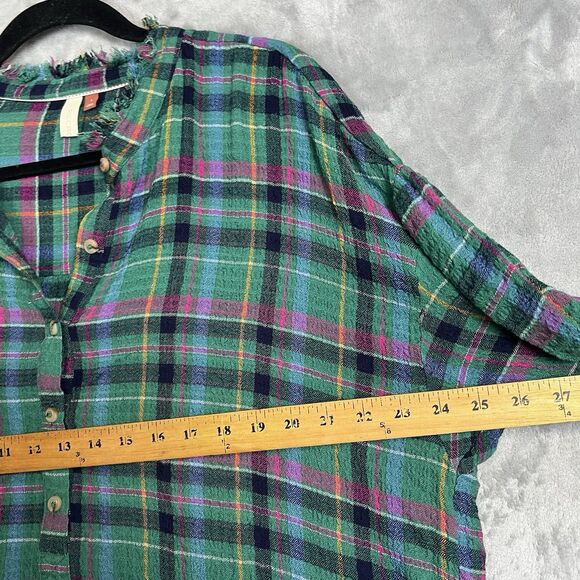 Anthropologie Pilcro Plaid Blouse Cropped Puff-Sleeve Soft Crinkle Green   Large - Picture 4 of 8